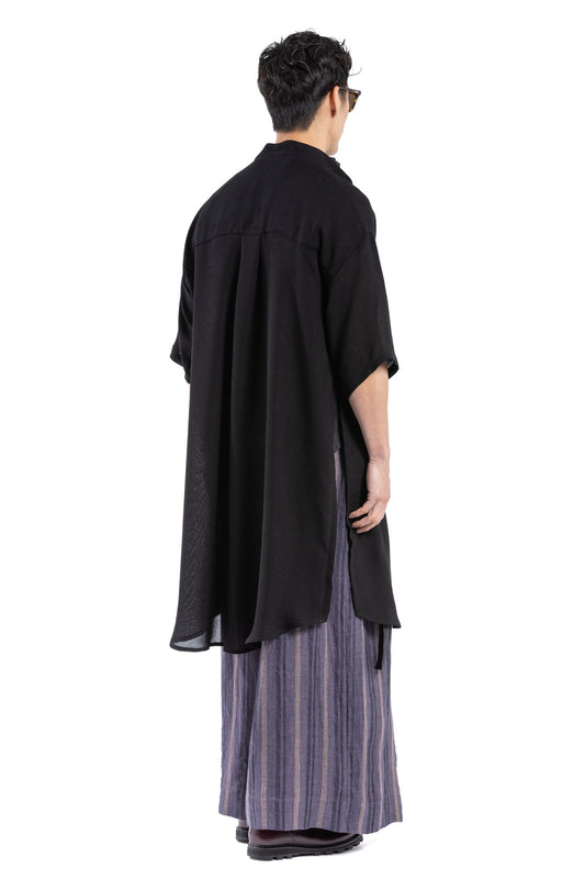 Black oversized short-sleeve shirt dress with grandpa collar and side split.
